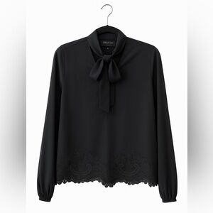 Rachel Zoe Black Tie-Neck Blouse with Lace Hem | Size S